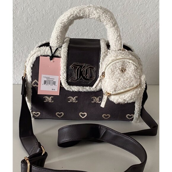 Juicy Couture Chocolate Pecan Sherpa Crossbody Snuggle Satchel Bag W/Charm NEW - Picture 2 of 15